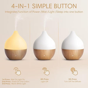 Aroma Diffuser, 100 ml, Small Ultrasonic Aromatherapy Diffuser for Essential Oils, with Automatic Shut-Off Function, Warm White Light, White, Wood Grain, Diffuser